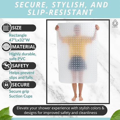 ENKOSI Extra Large Shower Mat Non Slip - 47 x 32 inch - XL Bathroom Shower Mat - Large Shower Matts for Shower Stall Floors - Secure Suction Cups and Drain Holes (47x32 Clear)