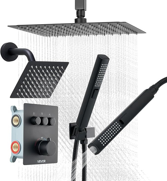 VEVOR Shower Faucet Set, 12 Inch Thermostatic Ceiling Mount Rainfall Shower System with 6 Inch Wall Mount Head and 2 in 1 Handheld Spray, 3-Function Dual Rain Head Brass Valve & Trim Kit, Matte Black