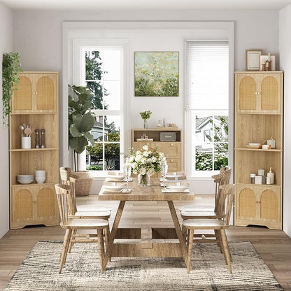 67''H Tall Corner Cabinet with Handmade Rattan Door, Rattan Storage Cabinet with Adjustable Shelves, Corner Bookshelf Space Saver for Barthroom, Kitchen, Natural