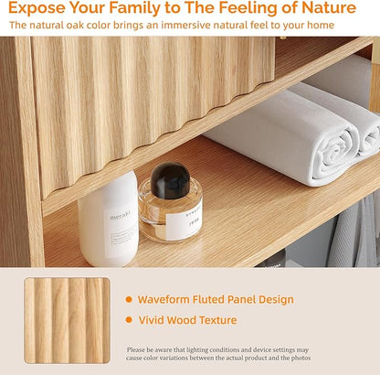 VINGLI Fluted Modern Medicine Cabinet,Bathroom Wall Cabinet Over Toilet Storage, Upper Floating Countertop Storage for Bathroom, Laundry Room,Small Hanging Kitchen Wall Cabinets (Natural Oak Color)