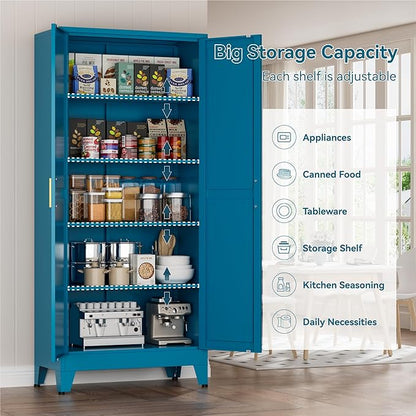 Metal Kitchen Pantry Cabinet,71" Tall Blue Pantry Cabinet with 2 Doors and 4 Adjustable Shelves, Farmhouse Storage Freestanding Cupboard for Kitchen,Home Office Living Room,Dining Room