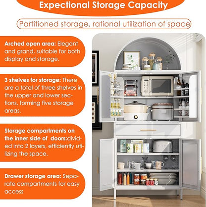 73” Kitchen Pantry Cabinet with 1 Drawer, Arched Storage Cabinet with Doors and Adjustable Shelves, Tall Freestanding Cupboard for Kitchen,Living Room, Bathroom, White
