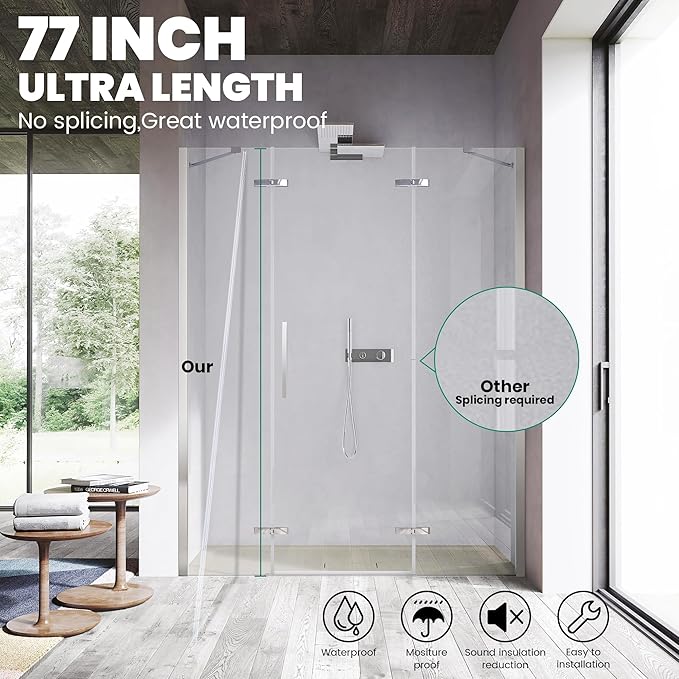 3 Pack Frameless Shower Door Bottom&Side Seal, 77" Long Clear PVC Shower Seal Strip for 3/8"(10mm) Thick Glass Shower Door, Stop Water Leaks Bind Doors