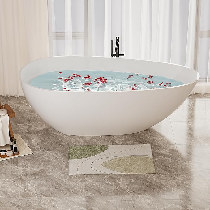 Abruzzo 59“ Solid Surface Freestanding Bathtub, Egg Shell Shaped Stone Resin Freestanding Tubs, Contemporary Oval Soaking Tubwith Overflow in Glossy White, cUPC Certified