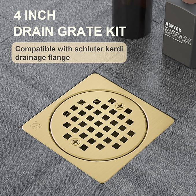 4” Shower Floor Drain Grate Kit Brushed Brass - Compatible with Schluter Kerdi-Drain Flange - with Adjustable Collar & Removable Square Cover, SUS304 Stainless Steel & CUPC Certification