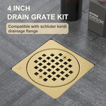 4” Shower Floor Drain Grate Kit Brushed Brass - Compatible with Schluter Kerdi-Drain Flange - with Adjustable Collar & Removable Square Cover, SUS304 Stainless Steel & CUPC Certification