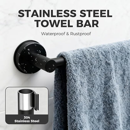 Adjustable Suction Cup Towel Bar for Bathroom Wall,14.6Inch~24 Inch Towel Racks for Bathroom,Stainless Steel Bath Towel Holder for Shower,2 Pack(Matte Black)