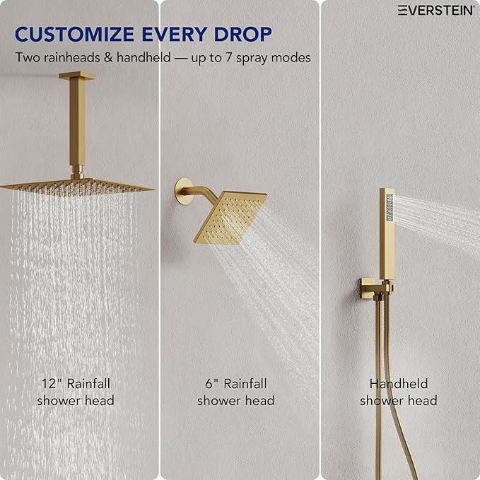 Ceiling Mount 12" High-Pressure Rainfall Shower Faucet, Dual Rainfall Shower Head System with Valve (Brushed Gold)