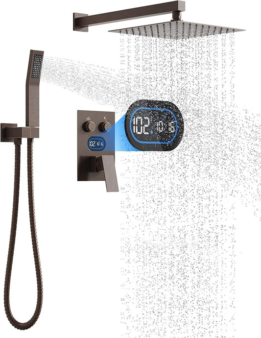 Push Button Diverter Shower Faucet Set Hydro Power Temperature Display, Shower System 12 Inches Shower Head with Handheld Spray, Wall Mounted Shower Fixtures with Valve and Trim Kit, Oil Rubbed Bronze