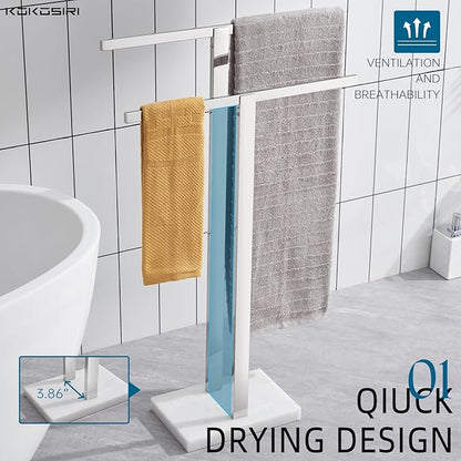 KOKOSIRI Bathroom Towel Rack 2-Tier Standing Towel Bars with Marble Base, Stainless Steel Freestanding Towels Holder, Thicken Steady Design, Polished Chrome THS0003-CH