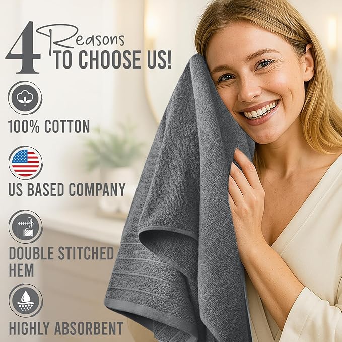 DAN River Extra Large Bath Towels Set of 4, 30 x 60 Inches - 100% Cotton Larger & Lighter Weight Towels for Bathroom - Quicker to Dry, Super Soft & Highly Absorbent Towels for Home, Gray
