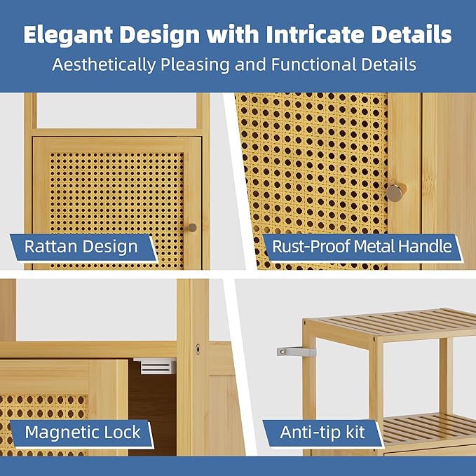 HITNET Rattan Bathroom Storage Cabinet, Small Bamboo Floor Cupboard with Door, Freestanding Narrow Side Organizer for Living Room, Kitchen, Entryway, Natural