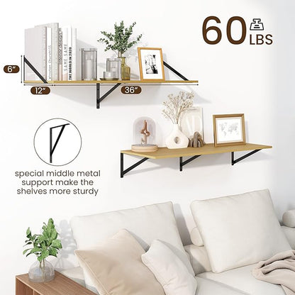 Fun Memories Floating Shelves for Wall, 12 Inch Deep Floating Shelves Set of 2, 36W x 12D Large Wall Shelf with Sturdy Metal Brackets for Living Room, Bathroom, Bedroom and Kitchen, Oak