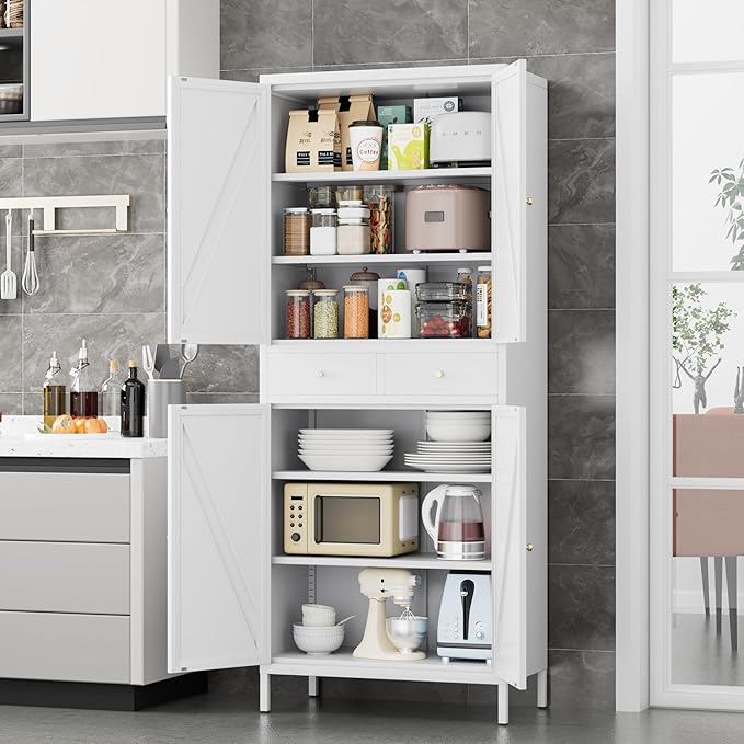 Freestanding Display Storage Cabinet with 4 Doors,Metal Kitchen Pantry Storage Cabinet with Adjustable Shelf for Kitchen Home Office, Assembly Required,White