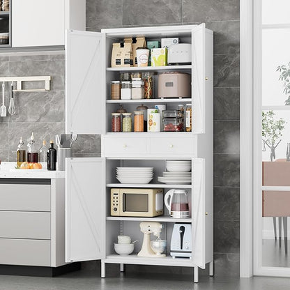 Freestanding Display Storage Cabinet with 4 Doors,Metal Kitchen Pantry Storage Cabinet with Adjustable Shelf for Kitchen Home Office, Assembly Required,White