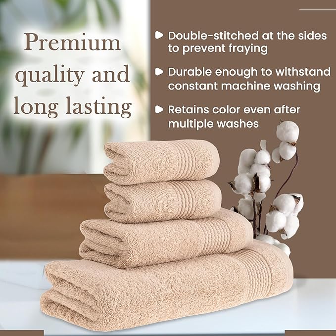 HALLEY Turkish Cotton Towels (Set of 4) 1 Bath Towel 1 Hand Towel 2 Washcloths, Super Soft Highly Absorbent 100% Cotton Towels for Bathroom and Kitchen for Mother’s Day (Tan)