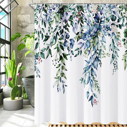 Shower Curtain,Blue Eucalyptus Shower Curtains for Bathroom,Watercolor Green Leaf Shower Curtain Sets Waterproof Plant Shower Curtain Blue Fabric Cloth Bathroom Curtains Green72x72 inch with Hooks