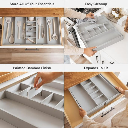 KitchenEdge Adjustable Kitchen Drawer Organizer for Utensils and Junk, Food-Safe Contract Grade with 100% Sustainable Wood, Expandable from 19 to 33 Inches Wide - Gray Bamboo