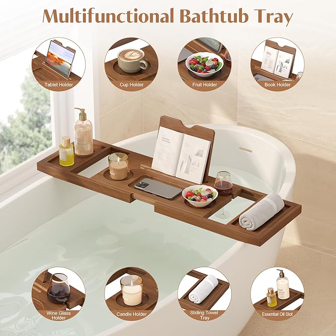 Teak Bathtub Tray, Expandable Wooden Bath Tray for Tub, Luxury Bath Caddy for Bathtub, Birthday & Wedding for Couple Bridal Shower Present, House Warming Gifts New Home