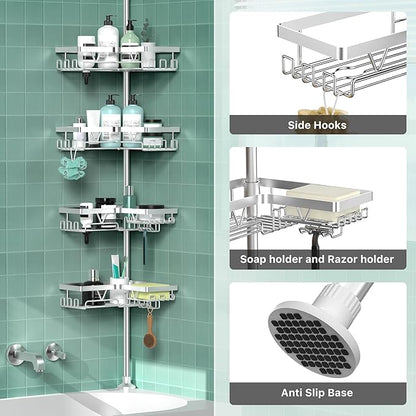 Shower Caddy Tension Pole - Corner Shower Shelves with Soap Holder Bathroom Shower Organizer for Tub (Stainless Steel, Silver, Floor to Ceiling 25-114.2 inch)