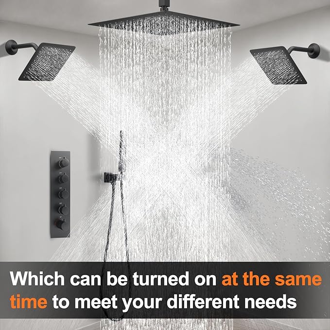 Black Thermostatic Shower System three Shower Heads with 16" Ceiling Mounted Rain Shower Head & 2 x 6" Wall Mounted Head 4 Function Full Body Shower System Can All Run Together