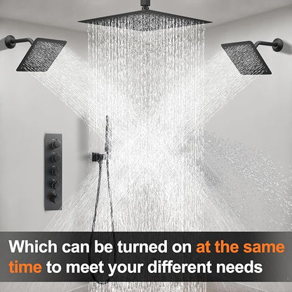 Black Thermostatic Shower System three Shower Heads with 16" Ceiling Mounted Rain Shower Head & 2 x 6" Wall Mounted Head 4 Function Full Body Shower System Can All Run Together