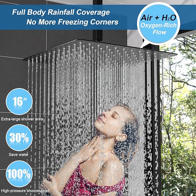 Enga Thermostatic Shower System 16 inch Rain Shower Head with 6 Body Spray Jets, Can Use All Functions At a Time (Volume Adjustable), Matte Black