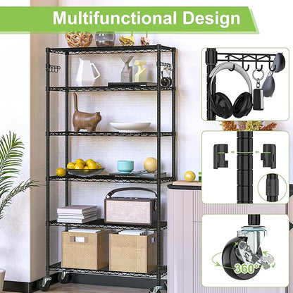 6 Tier Storage Shelves with Wheels Heavy Duty Wire Rolling Shelving Rack Organizer Garage Metal Steel Unit Adjustable Utility Commercial Sturdy Shelves for Kitchen Pantry Bathroom Closet Laundry