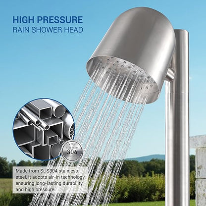 Freestanding Outdoor Shower Faucet Set, Outdoor Shower Kit with 3-Function Handheld Shower and Rain Shower, Stainless-Steel Outdoor Shower System for Patio, Pool, Garden - Brushed Nickel