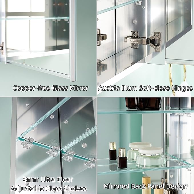 WELLFOR 24" x 36" Bathroom Medicine Cabinet, Anodized Chrome Aluminum Frame, Medicine Cabinet with Adjustable Glass Shelves, Bathroom Cabinet with Reverse Door Installation, Surface or Recess Mount