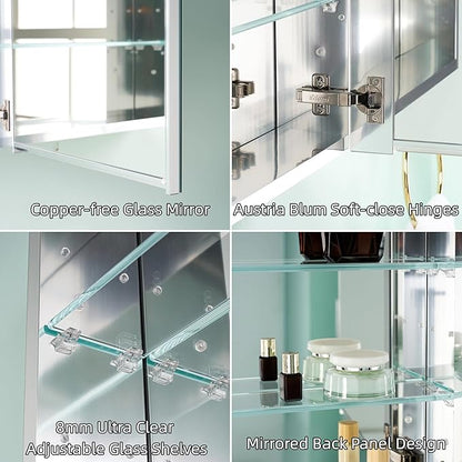 WELLFOR 16" x 36" Bathroom Medicine Cabinet, Anodized Chrome Aluminum Frame, Medicine Cabinet with Adjustable Glass Shelves, Bathroom Cabinet with Reverse Door Installation, Surface or Recess Mount