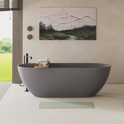 Abruzzo 59" Freestanding Bathtub Matte Grey - Solid Surface Stone Resin Soaking Tub with Overflow & Pop-Up Drain, cUPC Certified Easy Install Contemporary Bathtub for Modern Bathroom