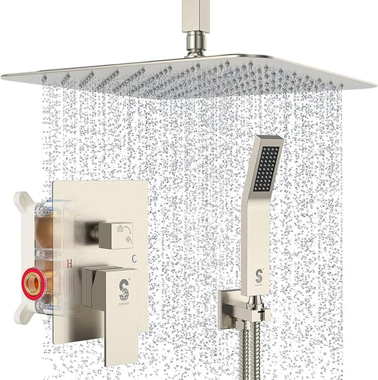 SR SUN RISE 16 Inches Brushed Nickel Shower System Bathroom Luxury Rain Mixer Shower Combo Set Ceiling Mounted Rainfall Shower Head Faucet (Contain Shower Faucet Rough-In Valve Body and Trim)