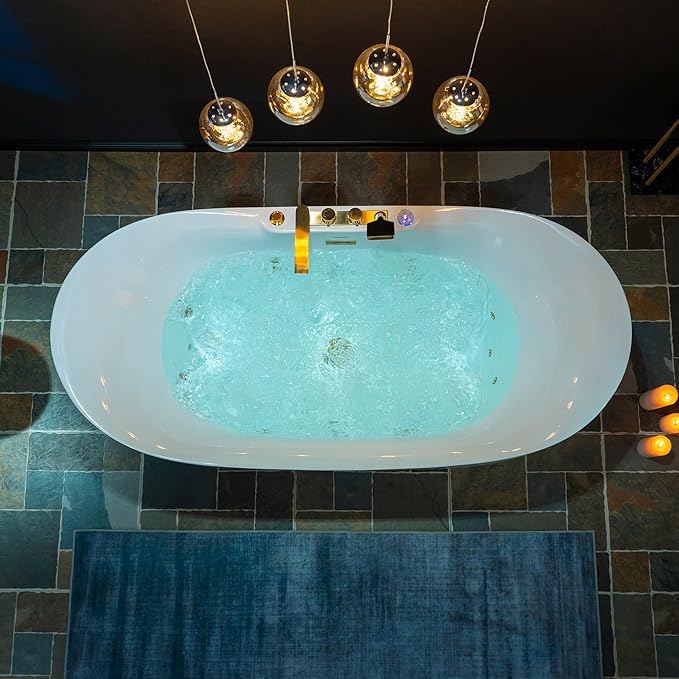 WOODBRIDGE 72" x 35-3/8" Whirlpool and Air Bath Heated Soaking Combination Tub with Adjustable Speed Air Blower and Display Control Panel, Brushed Gold Finish Trim and Drain Kit, BG400+F0045BG