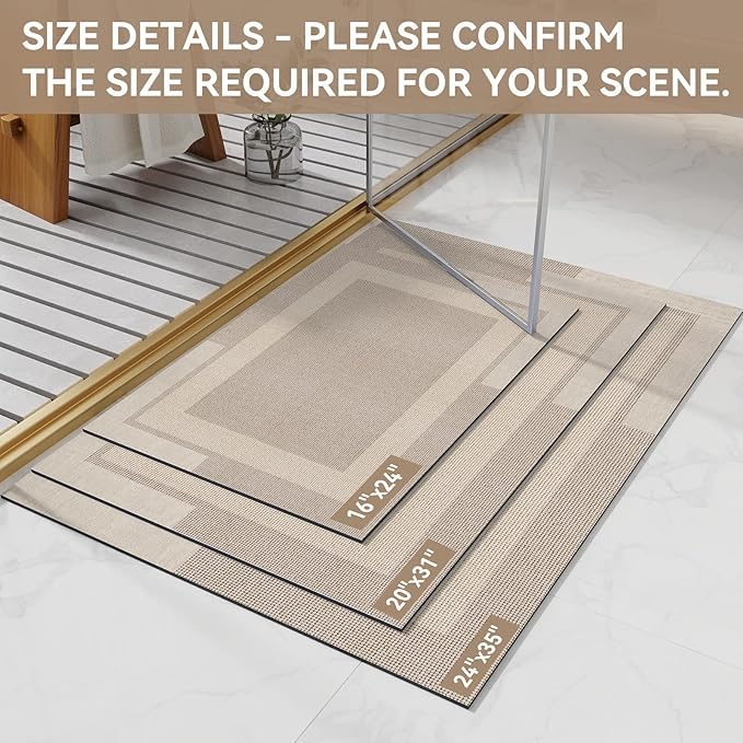 Non Slip Bath Mat, Rubber Backing Ultra Thin Bathroom Rugs Fit Under Door Quick Dry Super Absorbent Washable Bath Rug Shower Mat for Bathroom Floor Bathtub Shower Sink, Easy Care Beige 24"x 35"