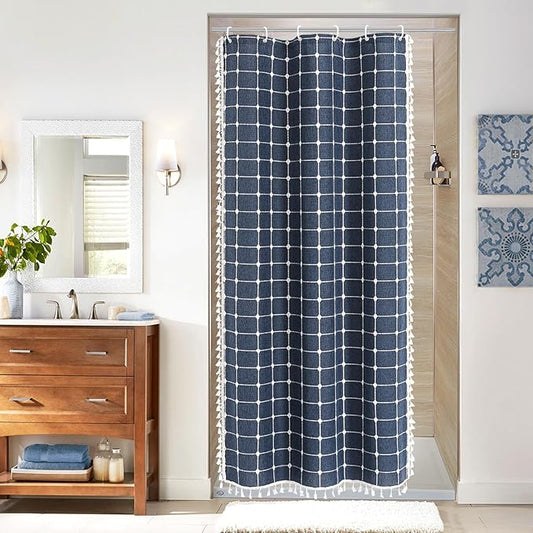 MitoVilla Navy Blue 36 x 72 Boho Small Stall Shower Curtain, Narrow Polyester Linen Fabric Shower Curtains for Farmhouse Bathroom Decor, Half Size Cloth Shower Curtain Set with Hooks