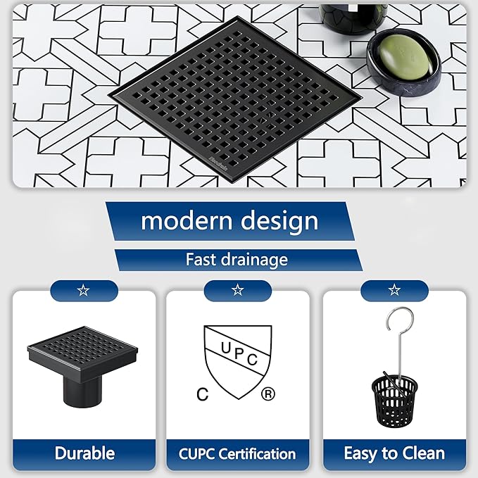 Neodrain 4 Inch Square Shower Drain with Removable Quadrato Pattern Grate, Matte Black 304 Stainless Steel Square Drain, with Watermark&CUPC Certified, Hair Strainer