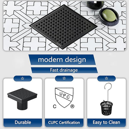 Neodrain 4 Inch Square Shower Drain with Removable Quadrato Pattern Grate, Matte Black 304 Stainless Steel Square Drain, with Watermark&CUPC Certified, Hair Strainer