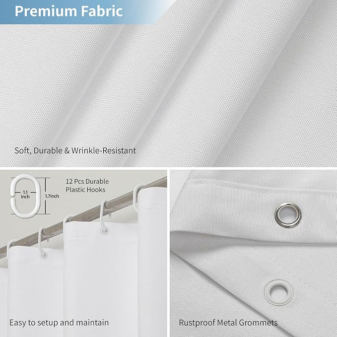 2-in-1 Waterproof Fabric Shower Curtain or Liner,Linen Textured,Breathable TPU & Washable Bathroom Shower Curtain Set with 12 Plastic Hooks,72"x72",White