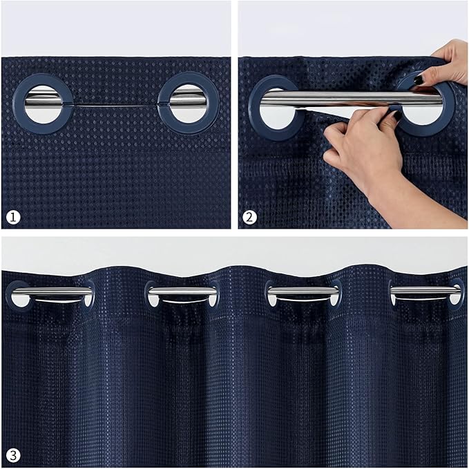 MitoVilla No Hooks Needed Extra Long Shower Curtain Liner Set, Navy Blue 86 inch XL Waffle Fabric Shower Curtains Set with Snap-in Liner for Luxury Hotel Grade & Spa-Like Bathroom Decor