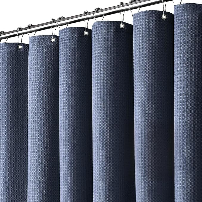 Inhousolu Fabric Shower Curtain Waffle Weave, Navy Blue 230 GSM Heavy Duty, Weighted Hem, 14 Metal Hooks, Water Repellent, Machine Washable, Hotel Spa Luxury Bath Curtain Set, 72 x 84 Inch