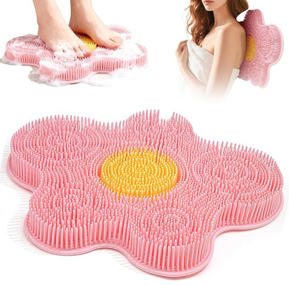 Shower Foot Scrubber Mat Silicone, Back Scrubber Exfoliating Washer Pad Wall-Mounted, Large Feet Clean Message with Suction Cups for Wall Smooth Floor - Extra long & Soft Bristles without Bending Pink