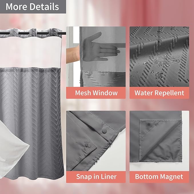 Hookless Shower Curtain with Snap in Liner 71" x 86" Double-Layer Waterproof Polyester Shower Curtain for Bathroom or Hotel Use,Removable Liner,Magnetic Hem,Large Rings,Machine Washable,Grey