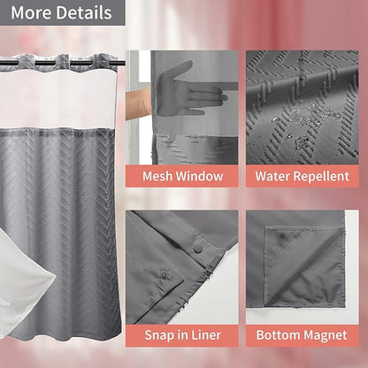Hookless Shower Curtain with Snap in Liner 71" x 86" Double-Layer Waterproof Polyester Shower Curtain for Bathroom or Hotel Use,Removable Liner,Magnetic Hem,Large Rings,Machine Washable,Grey