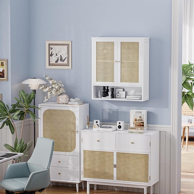Bathroom Wall Cabinet, Bamboo Over-The-Toilet Storage Organizer with 2 Rattan Doors and Adjustable Shelf, Space Saver Medicine Cabinet for Laundry, Kitchen, Living Room (White)