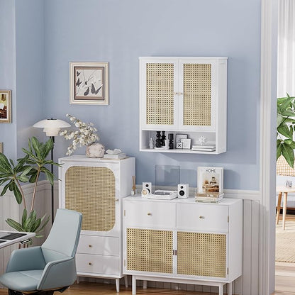 Bathroom Wall Cabinet, Bamboo Over-The-Toilet Storage Organizer with 2 Rattan Doors and Adjustable Shelf, Space Saver Medicine Cabinet for Laundry, Kitchen, Living Room (White)