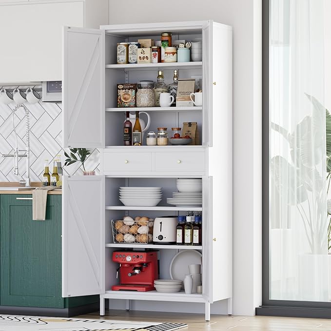 Freestanding Display Storage Cabinet with 4 Doors,Metal Kitchen Pantry Storage Cabinet with Adjustable Shelf for Kitchen Home Office, Assembly Required,White