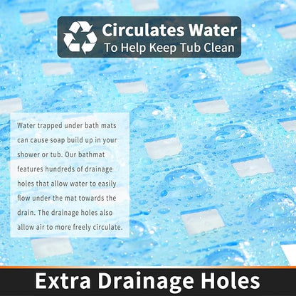 Yimobra Non Slip Bath Mat, Super Strong Suction Cups,34.5"x15.5"Long Tub Mat with Drain Holes, Machine Washable Fast Draining Shower Mats, Bathroom Essentials,Clear Blue