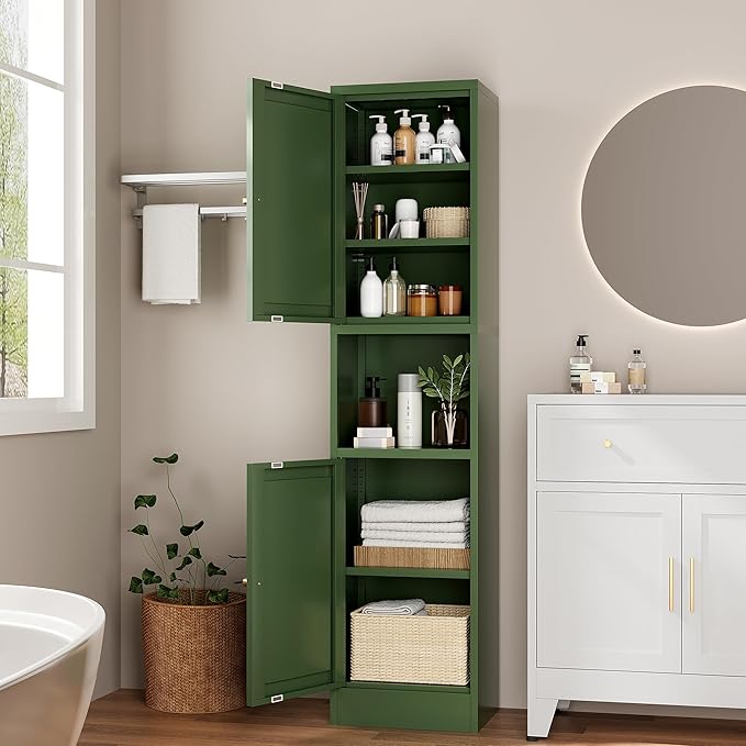 Narrow Bthroom Storage Cabinet Tall Metal Storage Cbinets with 4 Adjustable Shelves Freestanding 5 Tier Slim Pantry Cabinet for Kitchen Office Small Space