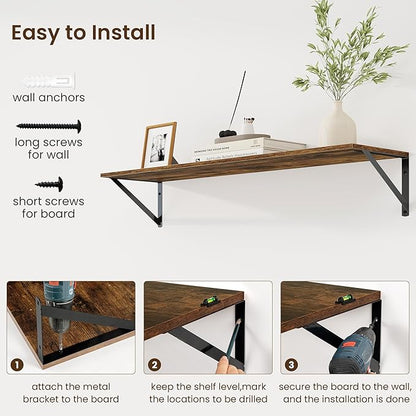 Fun Memories Deep Floating Shelves for Wall, 36W x 8D Wall Mounted Shelves Set of 2, Wide Display Ledge Shelf with Sturdy Metal Brackets for Living Room, Bathroom, Bedroom and Kitchen, Rustic Brown